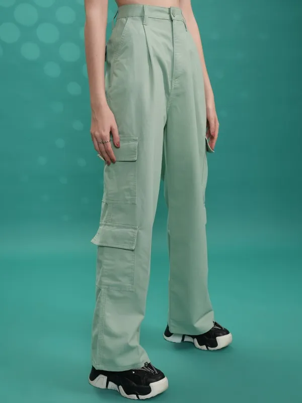  Tokyo Talkies Women Blue Solid Straight Fit Casual Trousers