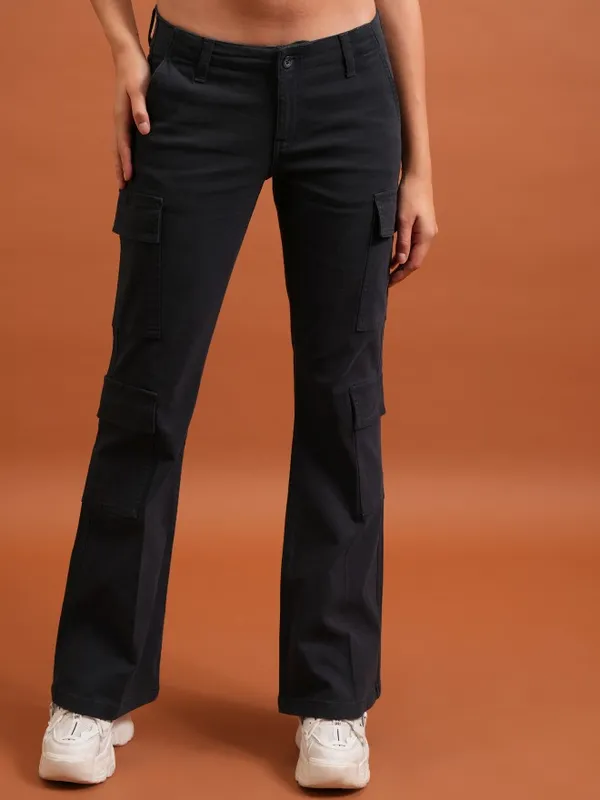  Tokyo Talkies Women Navy Blue Solid Flared Casual Trousers