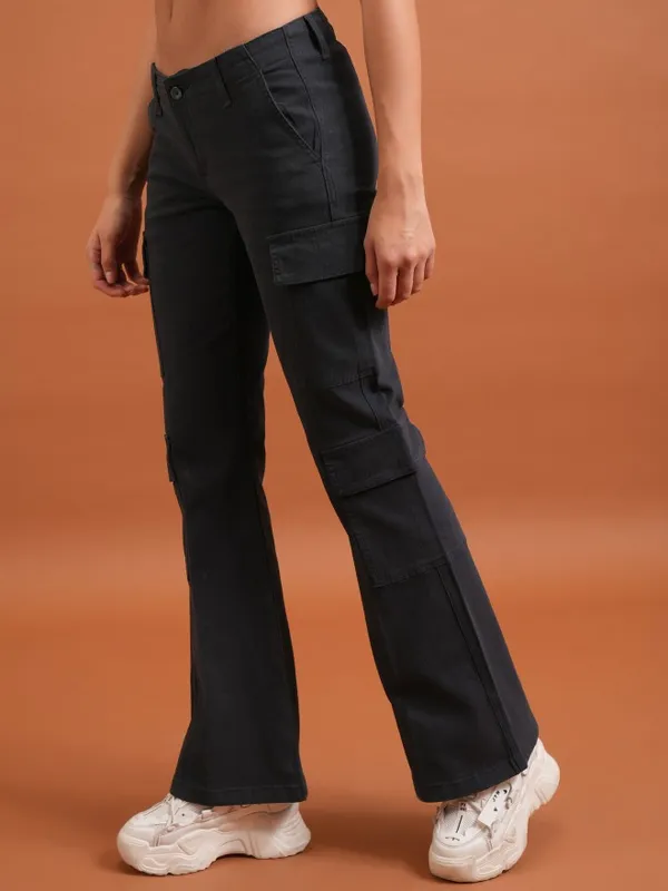  Tokyo Talkies Women Navy Blue Solid Flared Casual Trousers