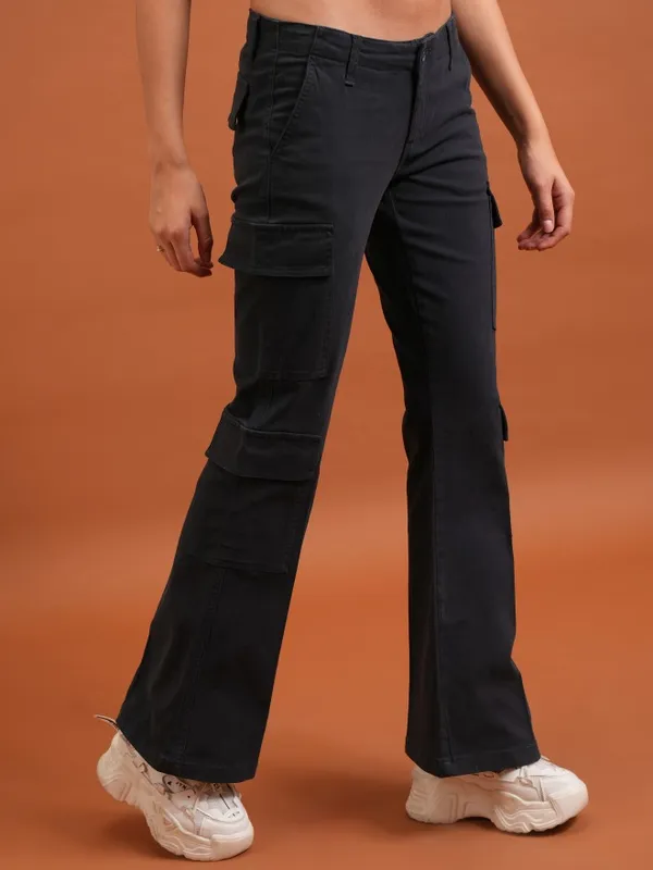 Tokyo Talkies Women Navy Blue Solid Flared Casual Trousers