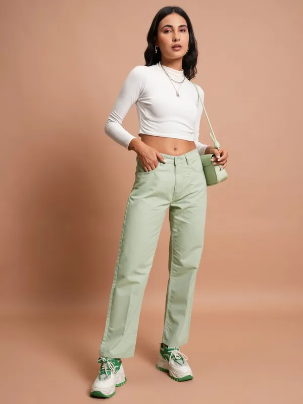  Tokyo Talkies Women Green Solid Flared Casual Trousers