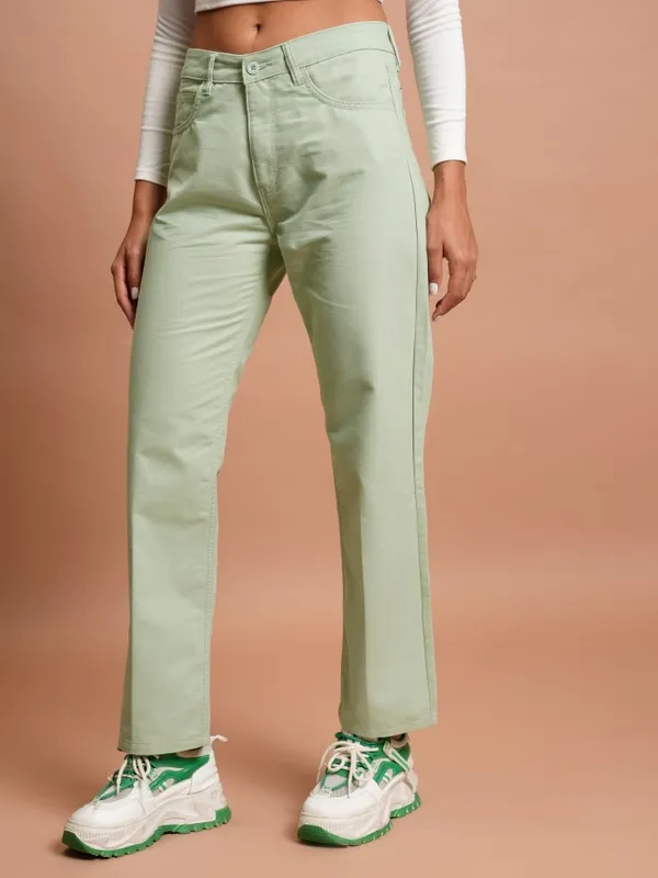  Tokyo Talkies Women Green Solid Flared Casual Trousers