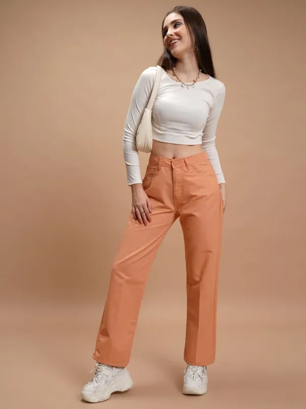  Tokyo Talkies Women Orange Solid Flared Casual Trousers