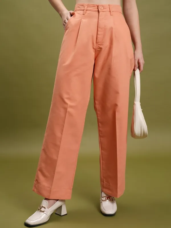  Tokyo Talkies Women Orange Solid Straight Fit Casual Trousers