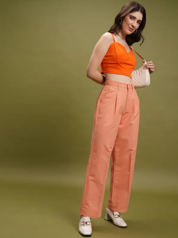  Tokyo Talkies Women Orange Solid Straight Fit Casual Trousers