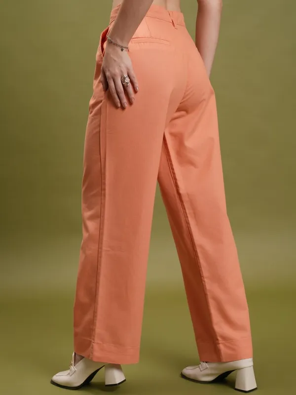  Tokyo Talkies Women Orange Solid Straight Fit Casual Trousers