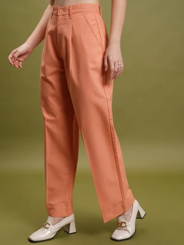  Tokyo Talkies Women Orange Solid Straight Fit Casual Trousers