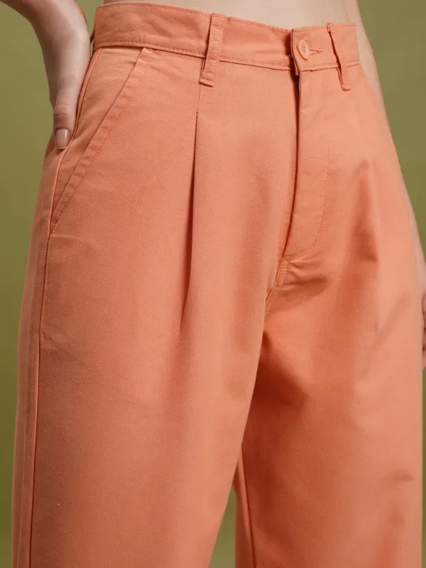  Tokyo Talkies Women Orange Solid Straight Fit Casual Trousers