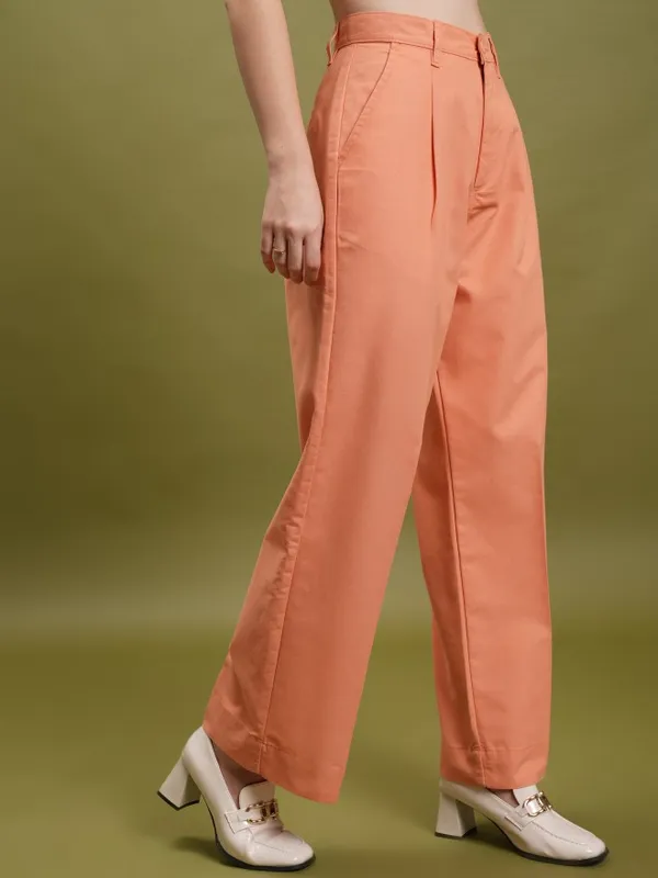  Tokyo Talkies Women Orange Solid Straight Fit Casual Trousers