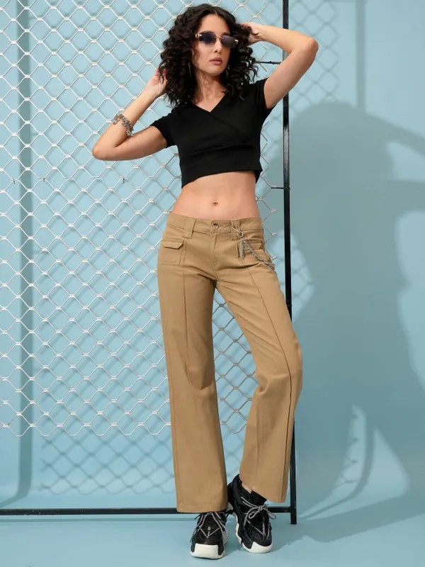 Tokyo Talkies Women Beige Solid Regular Fit Casual Trousers