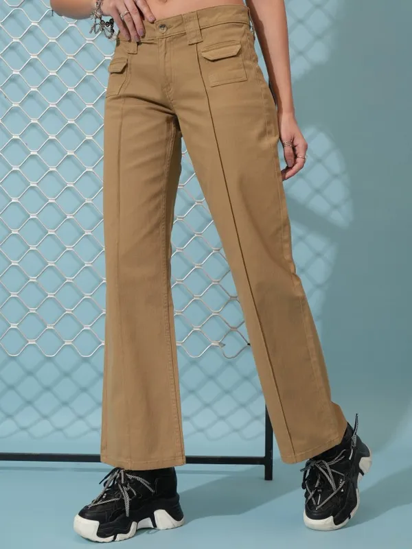  Tokyo Talkies Women Beige Solid Regular Fit Casual Trousers