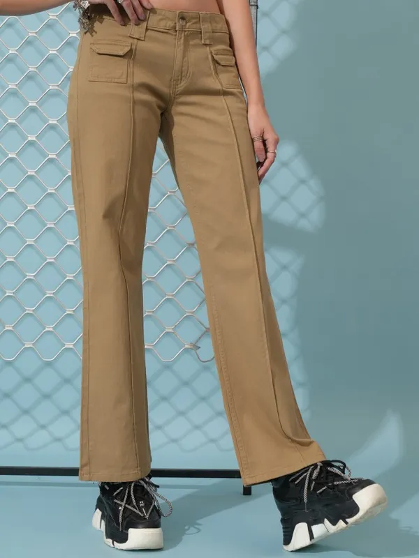  Tokyo Talkies Women Beige Solid Regular Fit Casual Trousers