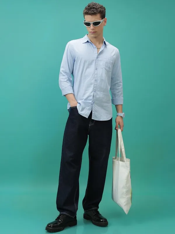  Ketch Men Blue Checked Slim Fit Casual Shirts