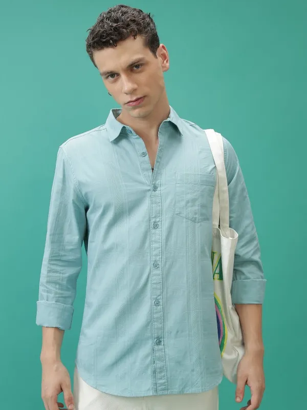  Ketch Men Turquoise Checked Slim Fit Casual Shirts