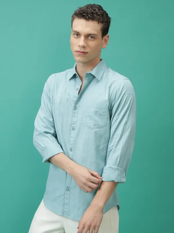  Ketch Men Turquoise Checked Slim Fit Casual Shirts