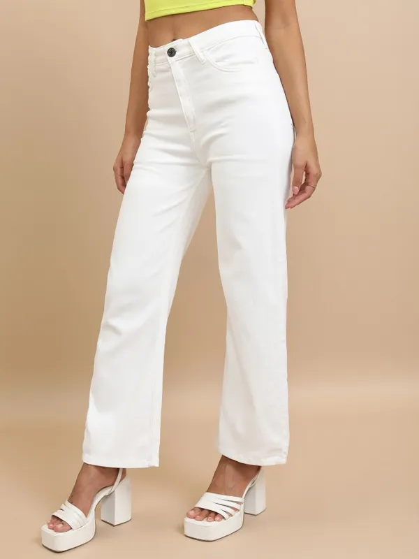 Tokyo Talkies Women White Flared Stretchable Jeans
