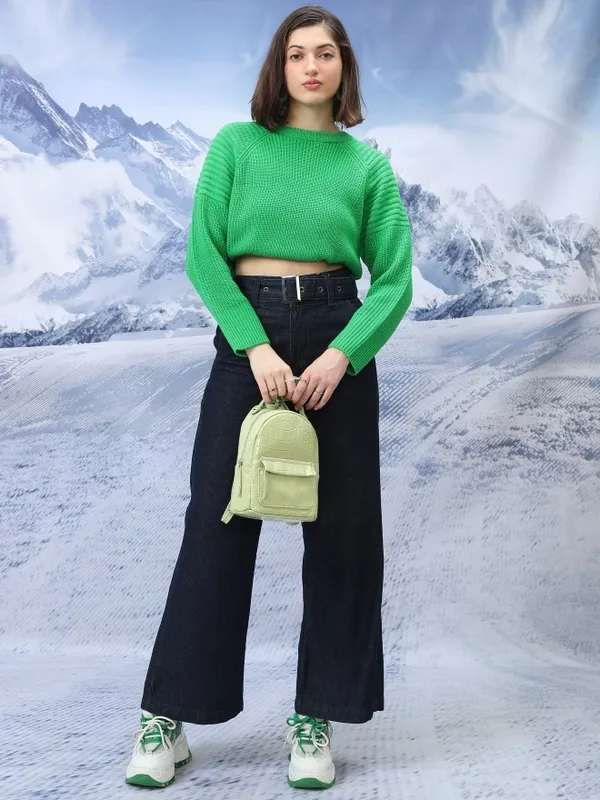  Tokyo Talkies Women Green Round Neck Sweaters