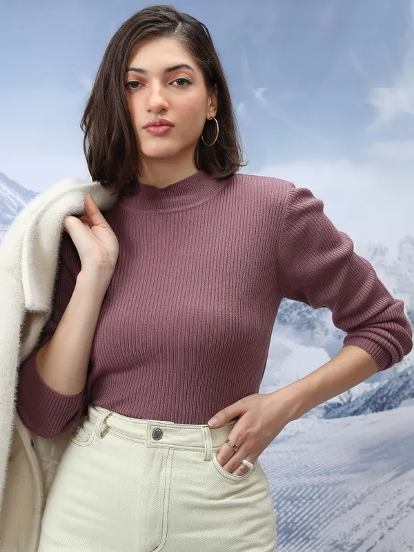  Tokyo Talkies Women Purple Mock Collar Sweaters