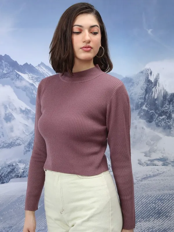  Tokyo Talkies Women Purple Mock Collar Sweaters