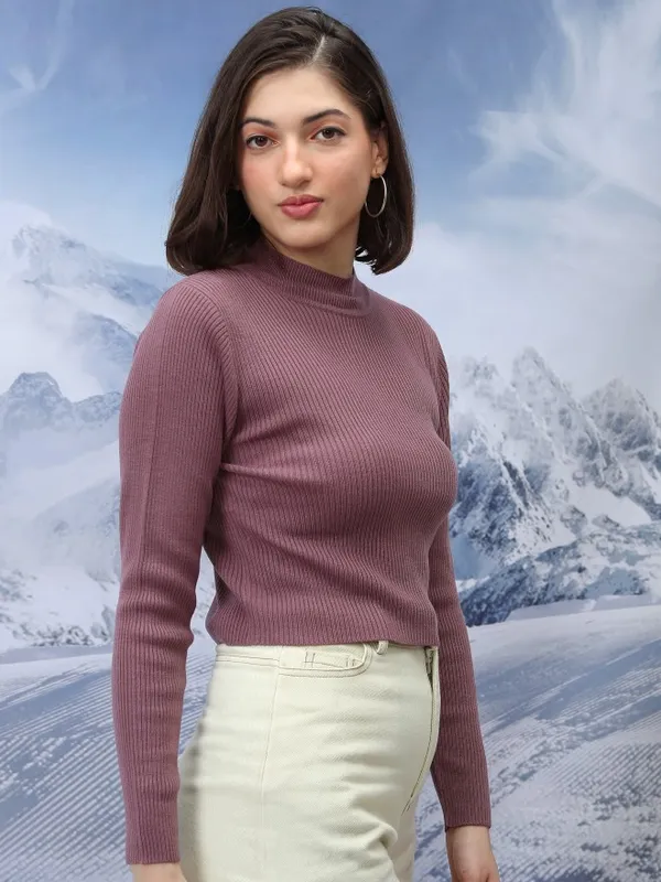  Tokyo Talkies Women Purple Mock Collar Sweaters