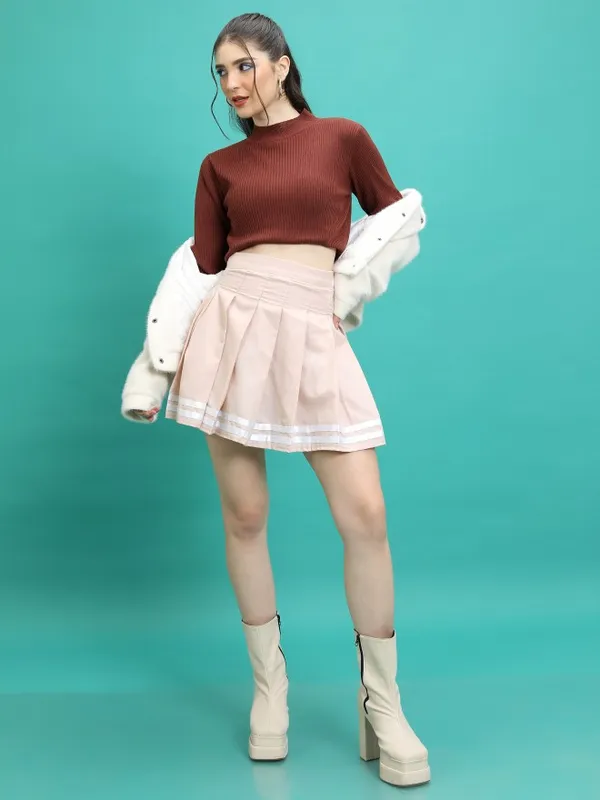 Tokyo Talkies Women Brown Mock Collar Sweaters