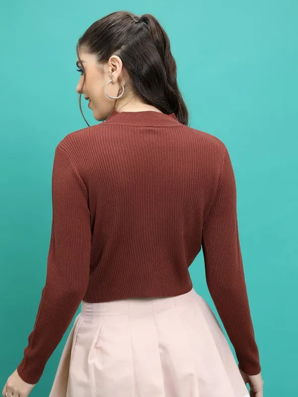Tokyo Talkies Women Brown Mock Collar Sweaters