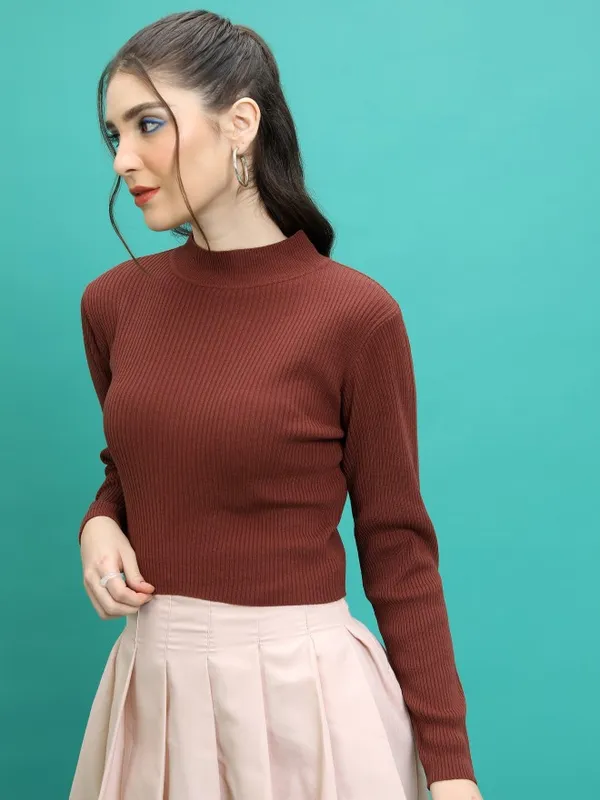 Tokyo Talkies Women Brown Mock Collar Sweaters