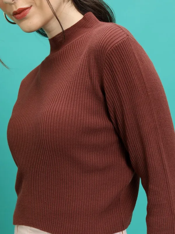 Tokyo Talkies Women Brown Mock Collar Sweaters