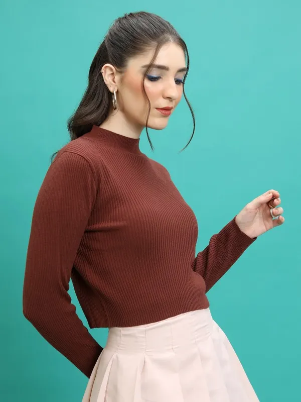Tokyo Talkies Women Brown Mock Collar Sweaters