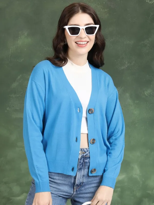  Tokyo Talkies Women Blue V-Neck Sweaters