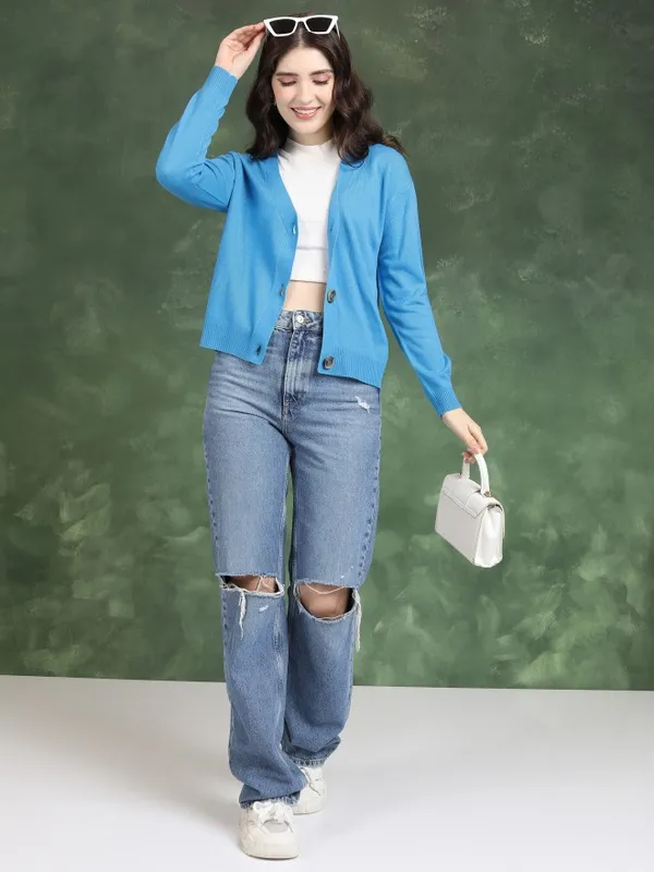  Tokyo Talkies Women Blue V-Neck Sweaters