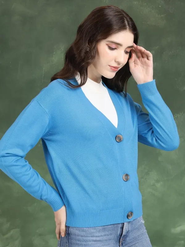  Tokyo Talkies Women Blue V-Neck Sweaters