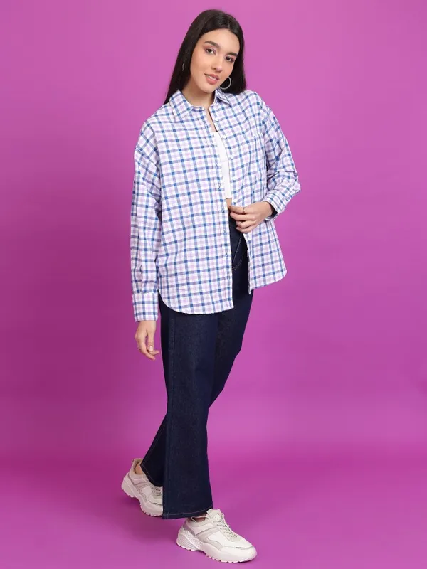 Tokyo Talkies Women Purple Checked Oversized Fit Casual Shirt