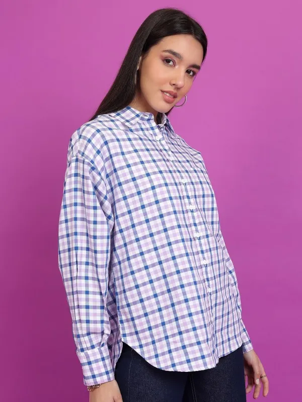 Tokyo Talkies Women Purple Checked Oversized Fit Casual Shirt