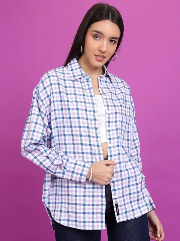 Tokyo Talkies Women Purple Checked Oversized Fit Casual Shirt