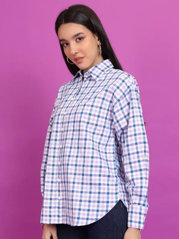 Tokyo Talkies Women Purple Checked Oversized Fit Casual Shirt