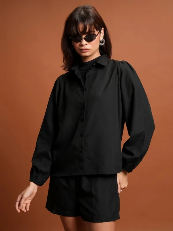 Tokyo Talkies Women Black Shirt With Short