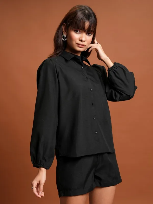 Tokyo Talkies Women Black Shirt With Short