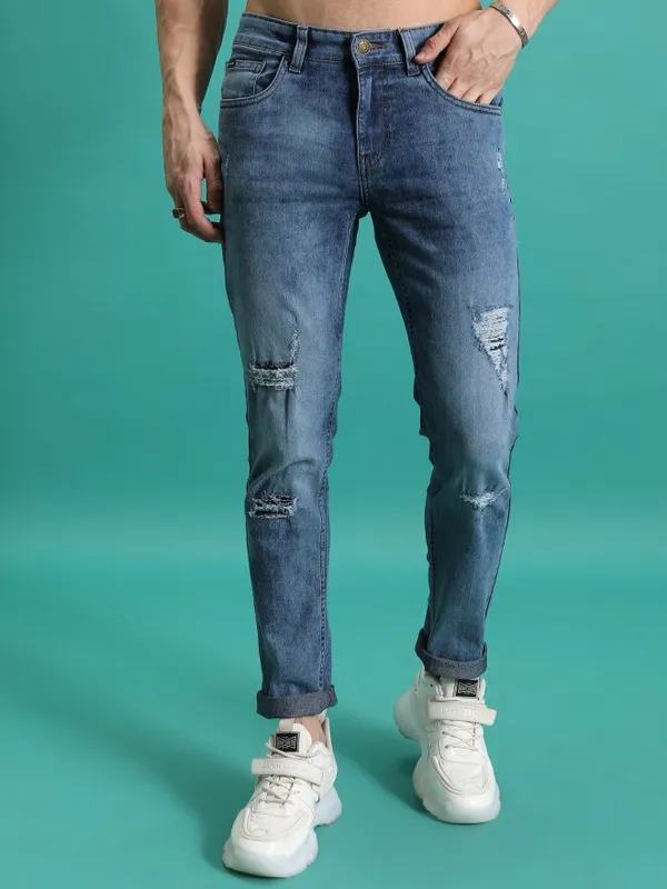  Highlander Men Blue Skinny Fit Highly Distressed Jeans
