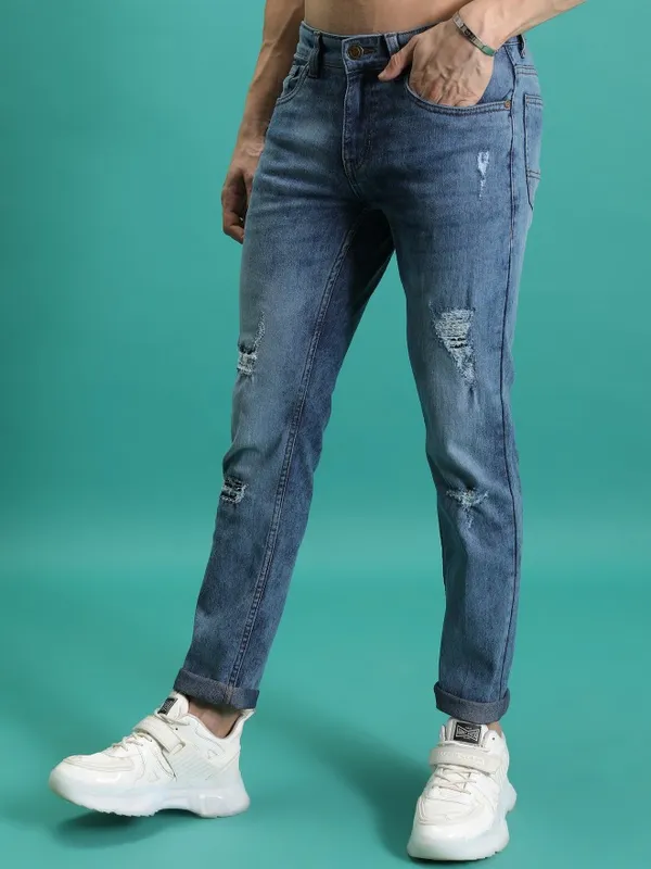  Highlander Men Blue Skinny Fit Highly Distressed Jeans