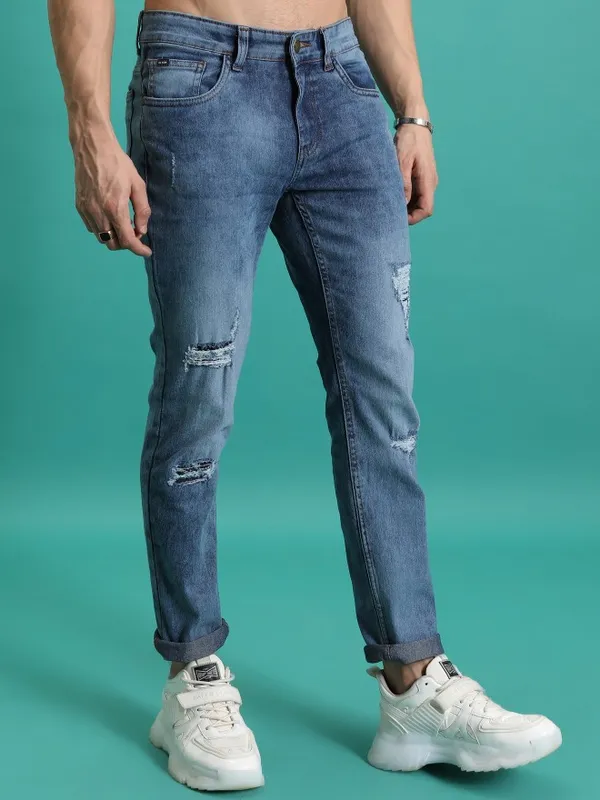  Highlander Men Blue Skinny Fit Highly Distressed Jeans