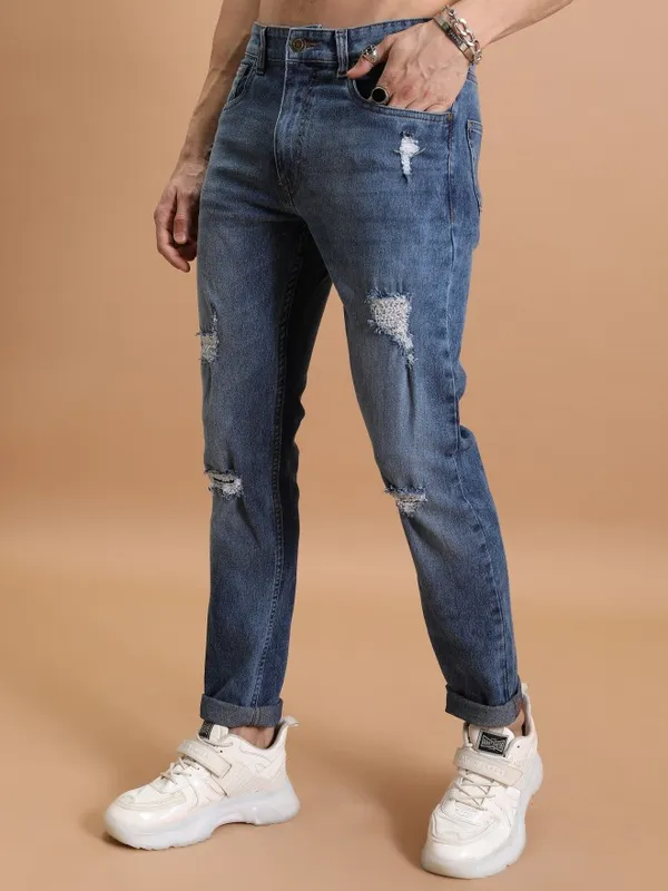  Highlander Men Blue Tapered Fit Highly Distressed Jeans