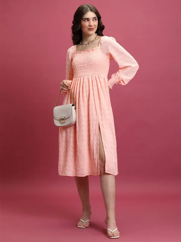  Tokyo Talkies Women Peach Self Design Fit And Flare Dresses