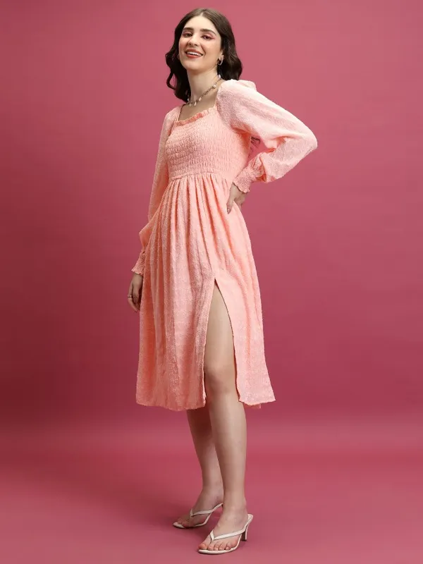  Tokyo Talkies Women Peach Self Design Fit And Flare Dresses