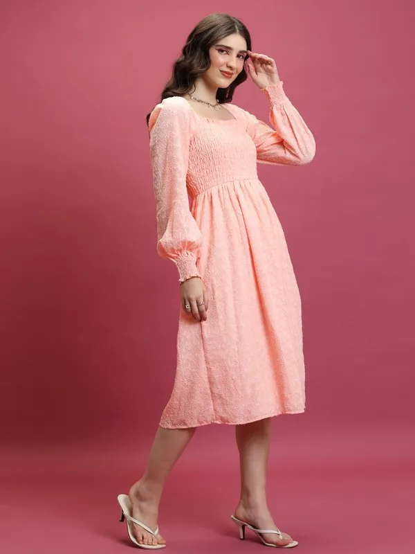  Tokyo Talkies Women Peach Self Design Fit And Flare Dresses