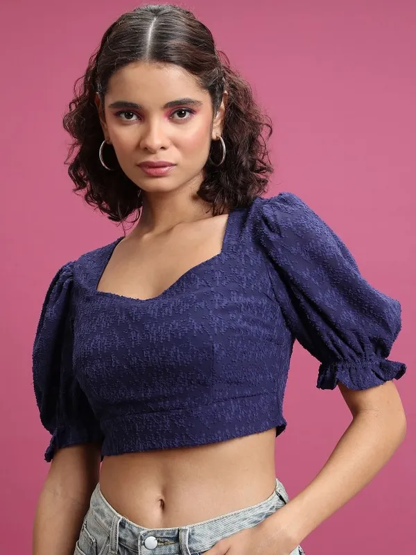  Tokyo Talkies Women Navy Blue Self Design Regular Tops