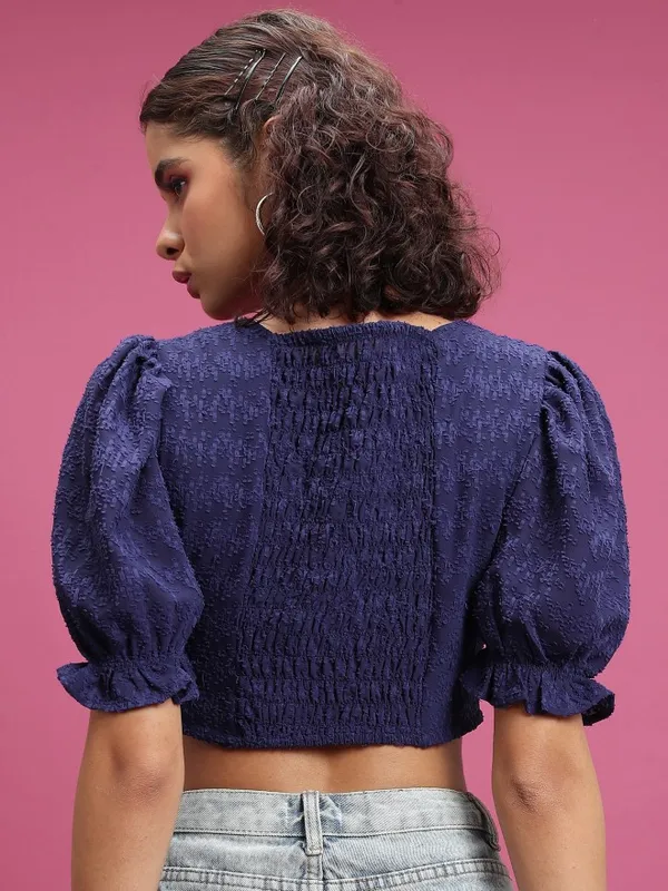  Tokyo Talkies Women Navy Blue Self Design Regular Tops