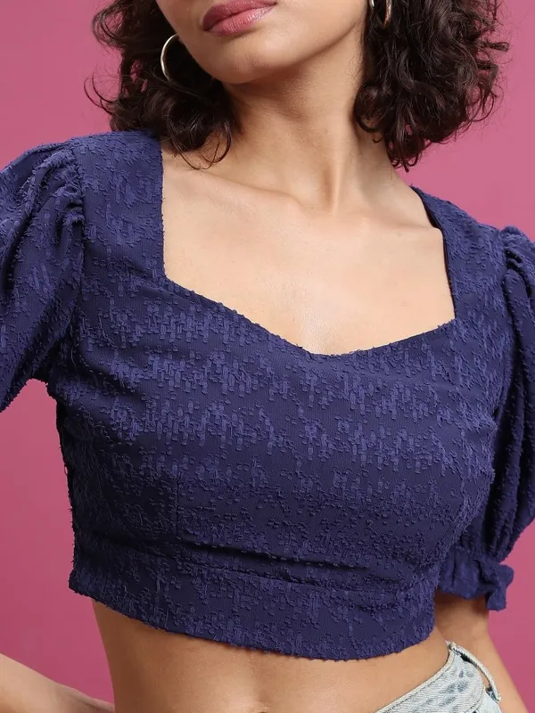  Tokyo Talkies Women Navy Blue Self Design Regular Tops