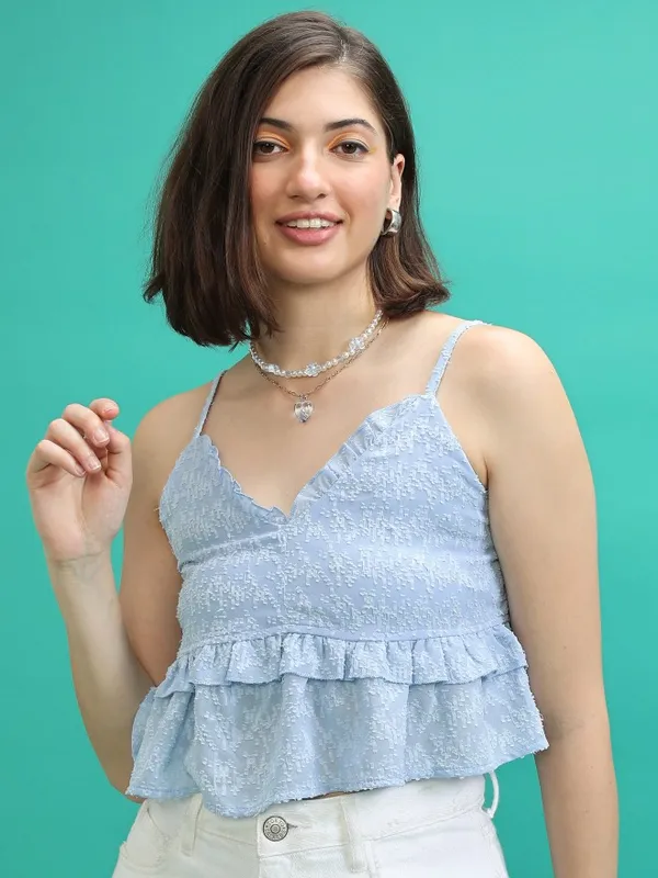 Tokyo Talkies Women Blue Self Design Peplum Tops