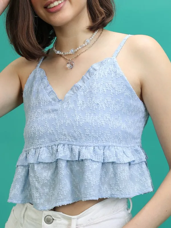  Tokyo Talkies Women Blue Self Design Peplum Tops